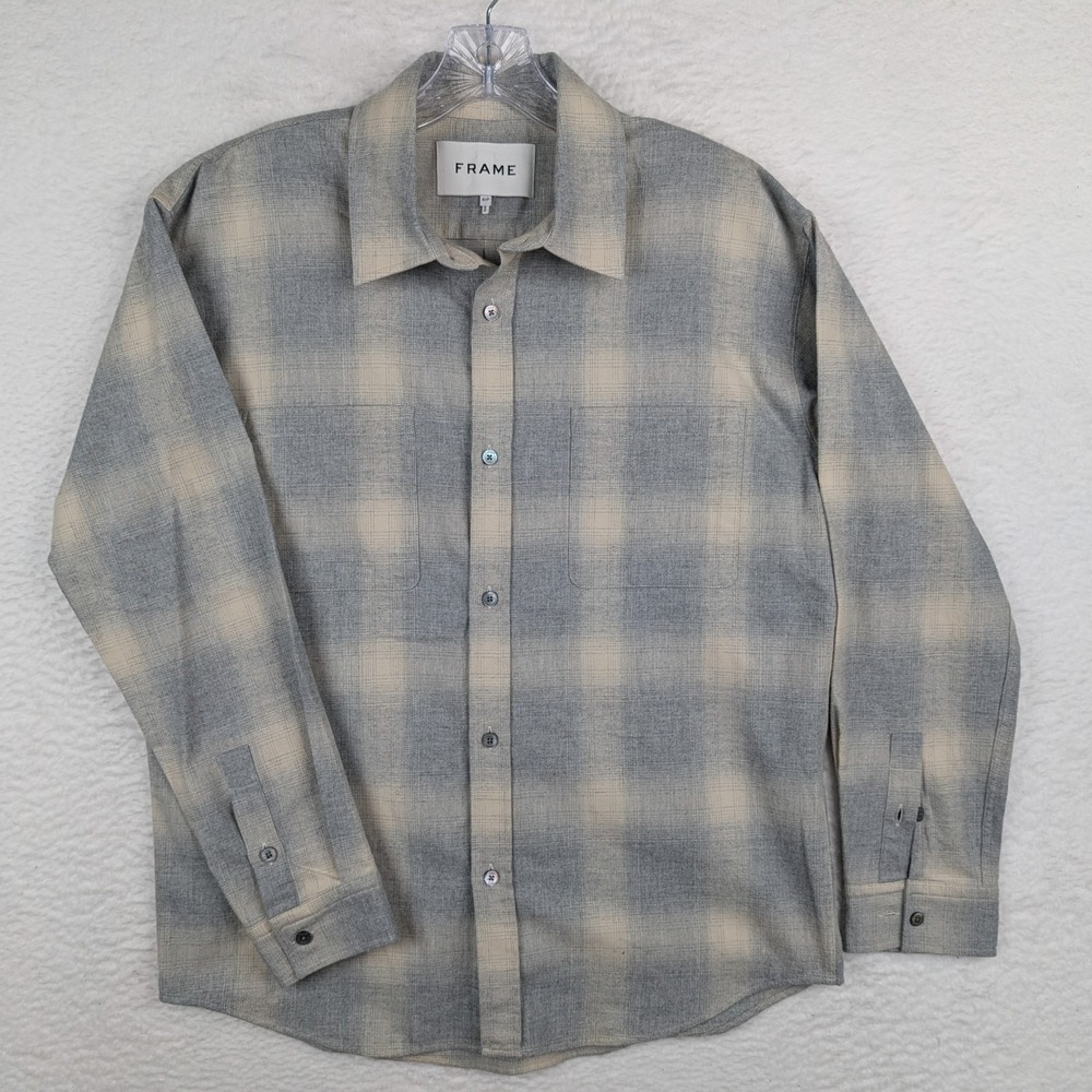 FRAME Plaid Flannel Button Up Shirt Men's Small Grey Oatmeal Cotton